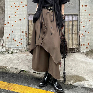 Aidase Mens Chinese Style Pleated Button Double Button Stacked Irregular Culottes Essential Casual Fashion Trend Loose Wide Leg Pants aidase-shop